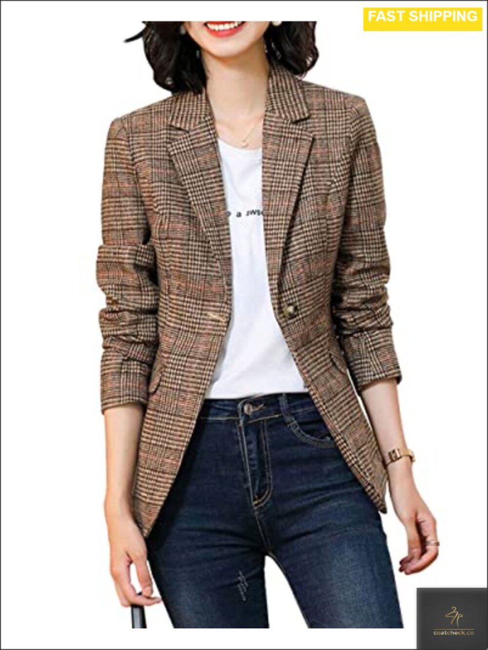 Double Breasted Houndstooth Plaid Women Blazer Jacket